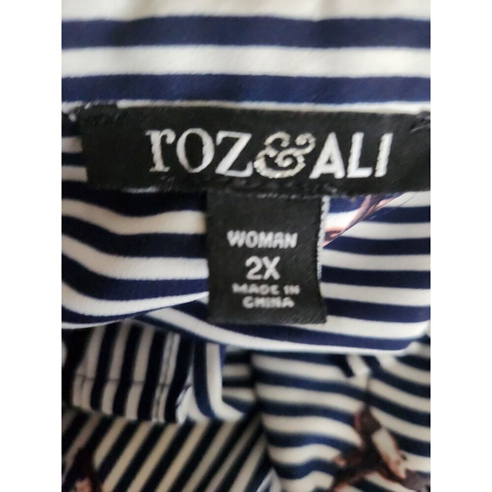 Roz& and Ali all over navy Striped hummingbird novelty print blouse sz 2X career - Picture 8 of 12